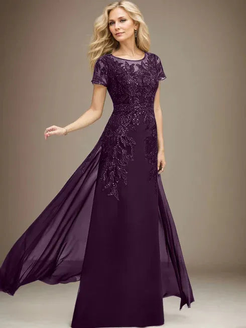 Column Scoop Illusion Floor-Length Lace Chiffon Mother of the Bride Dress With Sequins