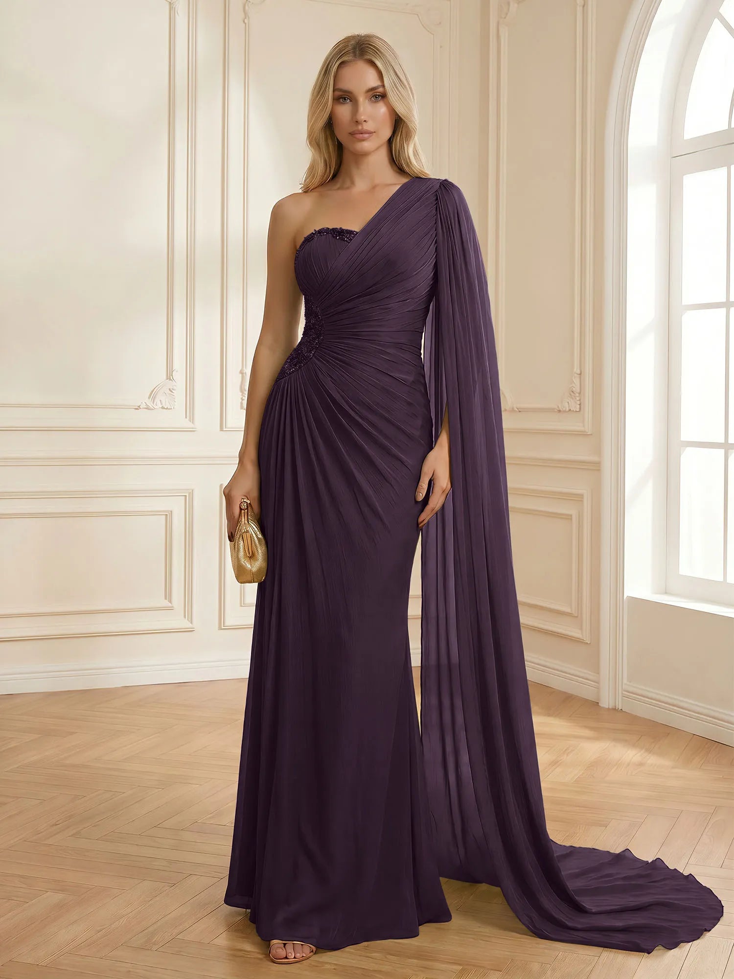 Sage Green One Shoulder Beaded Evening Gown with Cape Sleeve