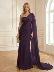 Sage Green One Shoulder Beaded Evening Gown with Cape Sleeve