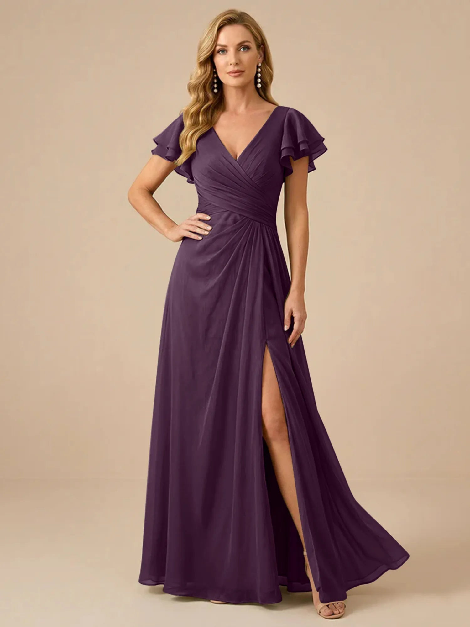 Sage Green V-Neck High-Slit Pleated Chiffon Dress