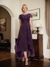 A-line Scoop Illusion Asymmetrical Chiffon Lace Mother of the Bride Dress With Bow Ruffle Sequins