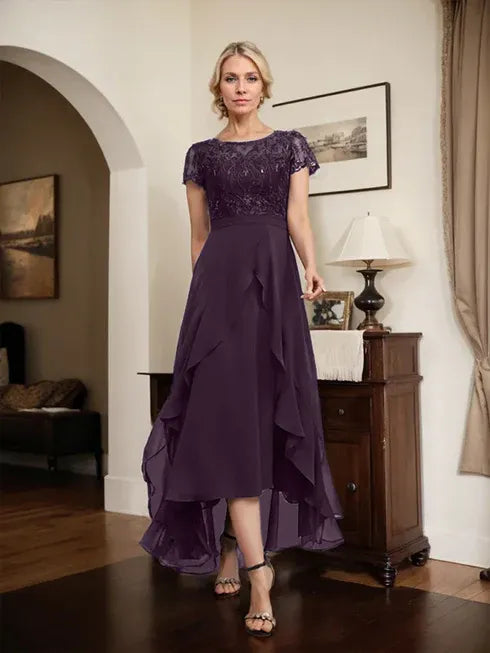 A-line Scoop Illusion Asymmetrical Chiffon Lace Mother of the Bride Dress With Bow Ruffle Sequins