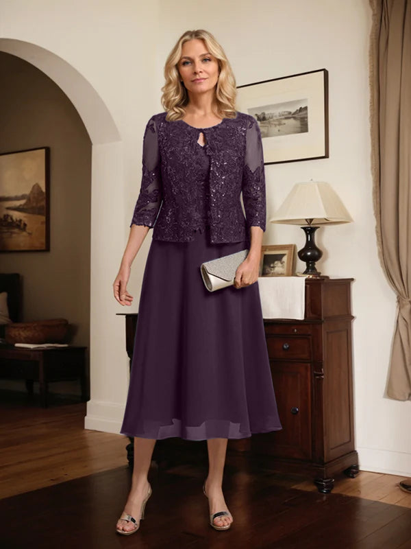 A-line Scoop Tea-Length Lace Chiffon Mother of the Bride Dress With Sequins