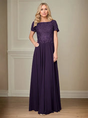 A Line Chiffon Boat Neck Short Sleeves Floor Length Pleated Mother of the Bride Dresses