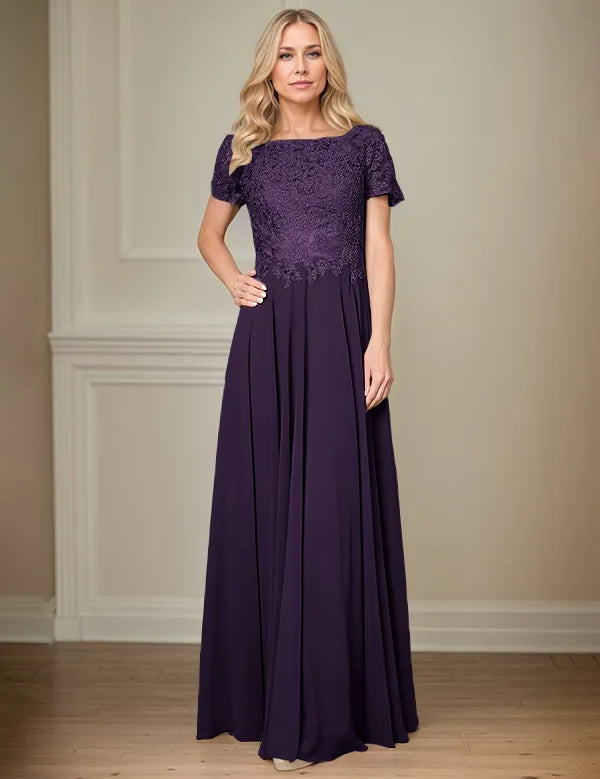 A Line Chiffon Boat Neck Short Sleeves Floor Length Pleated Mother of the Bride Dresses