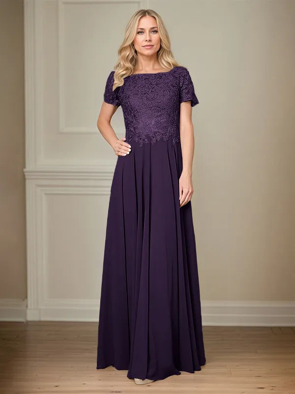 A Line Chiffon Boat Neck Short Sleeves Floor Length Pleated Mother of the Bride Dresses
