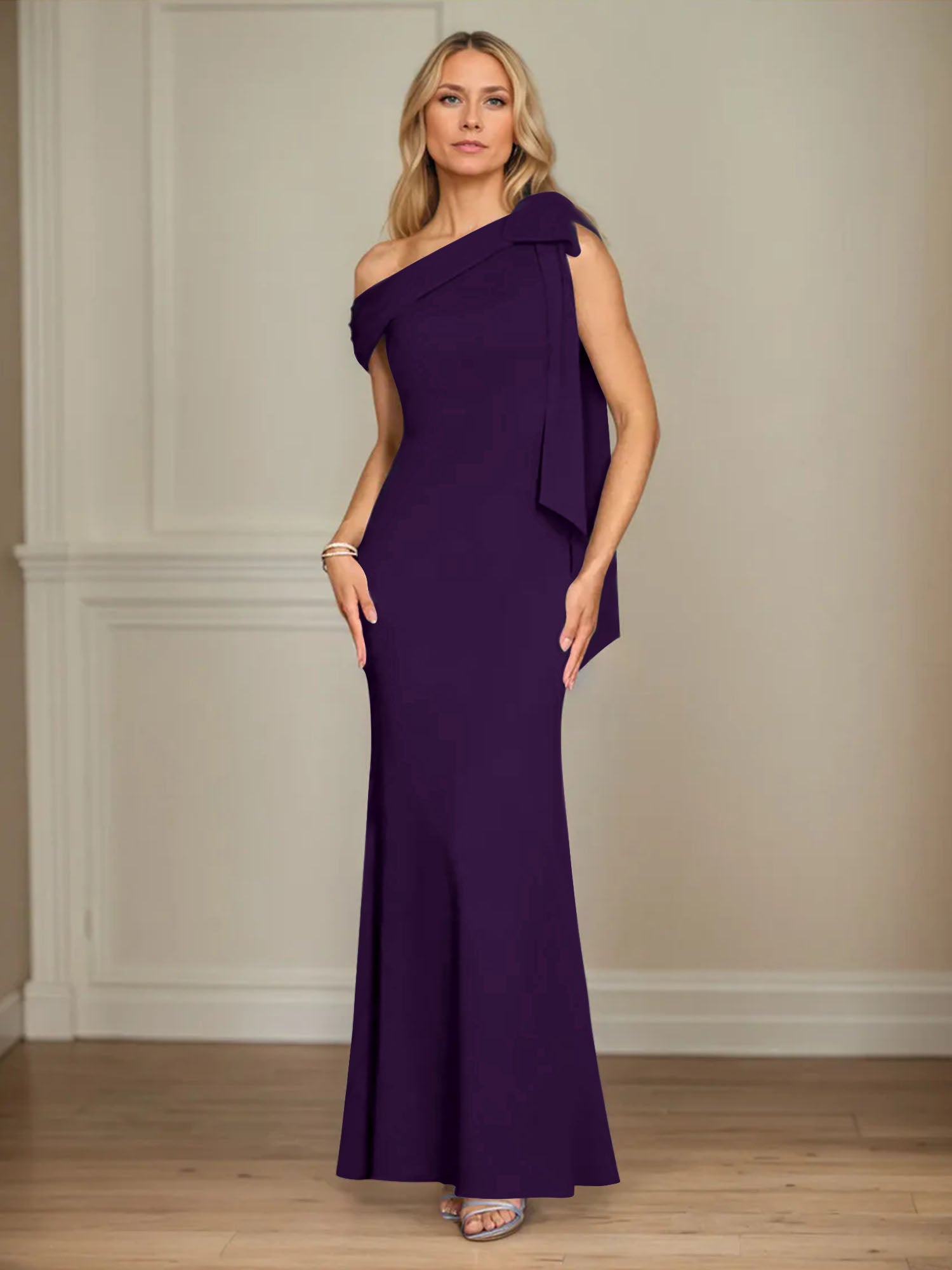 Mermaid One Shoulder Sleeveless Stretch Crepe Mother of the Bride Dress With Bow