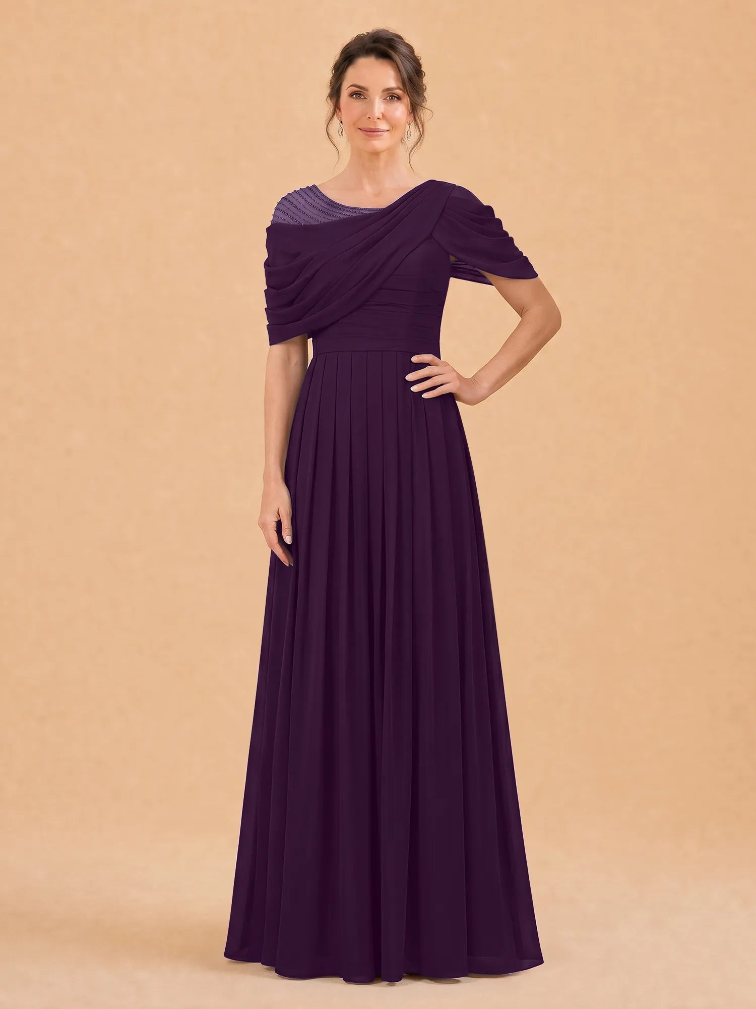 One-Shoulder Cape Overlay Chiffon Mother of the Bride Dress