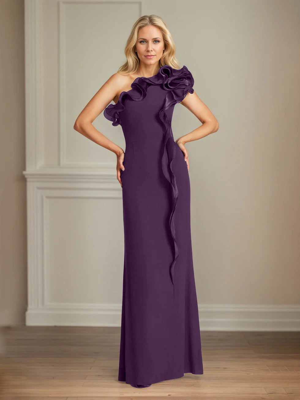 Column One Shoulder Floor Length Mother of the Bride Dresses With Ruffles