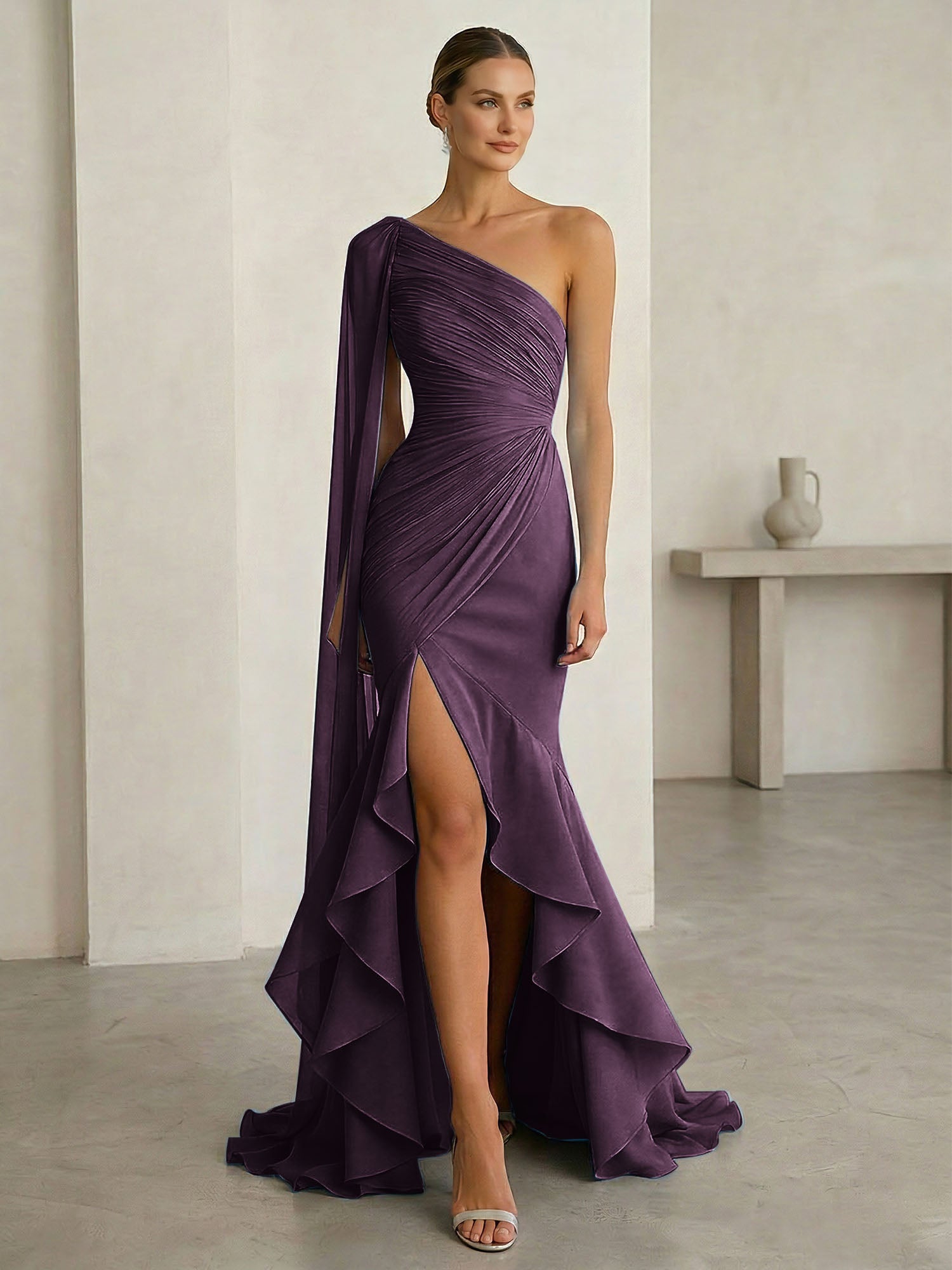 Glamorous Midnight Navy Formal Evening Dress One-Shoulder Ruched Cape Gown
