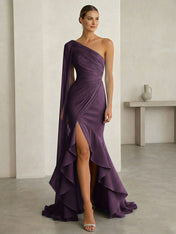 Glamorous Midnight Navy Formal Evening Dress One-Shoulder Ruched Cape Gown