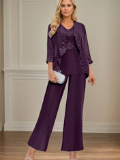 Elegant Simple Scoop Neck Floor Length Mother of the Bride Pantsuit Wedding Guest Dress