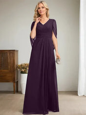 Dark Navy A-Line V-Neck Long Mother of Bride Dress