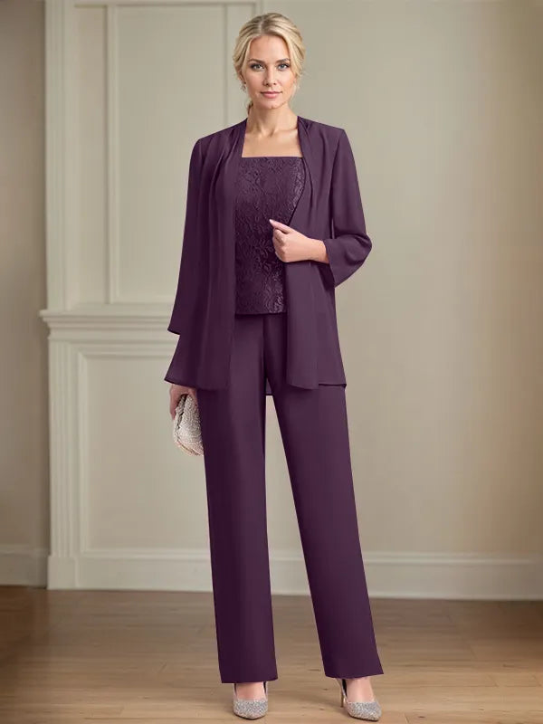 Chiffon Square Neck Sleeveless Floor Length Mother of the Bride Pantsuits