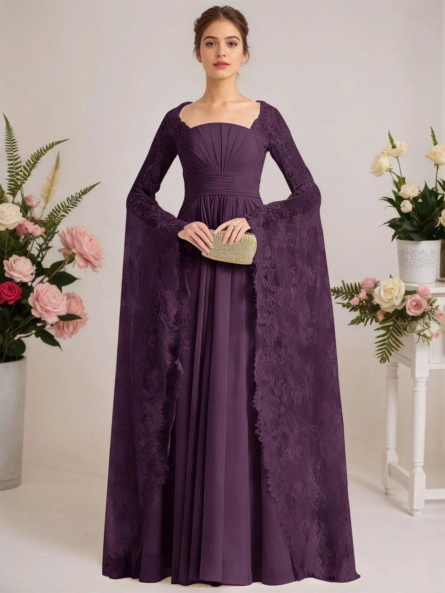 A-line Square Floor-Length Chiffon Lace Evening Dress With Beading Pleated