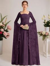 A-line Square Floor-Length Chiffon Lace Evening Dress With Beading Pleated