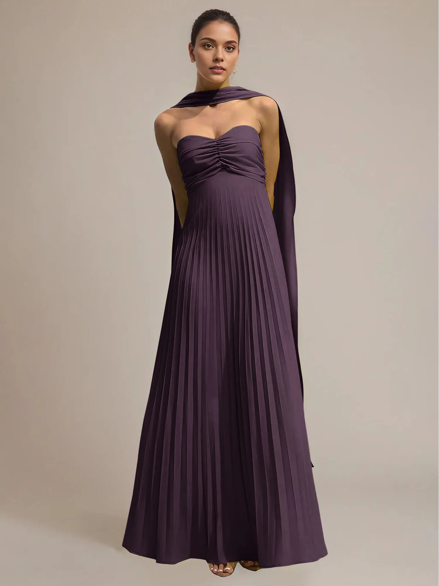 Green Chiffon A Line Off The Shoulder Sleeveless Floor Length Pleated Dress