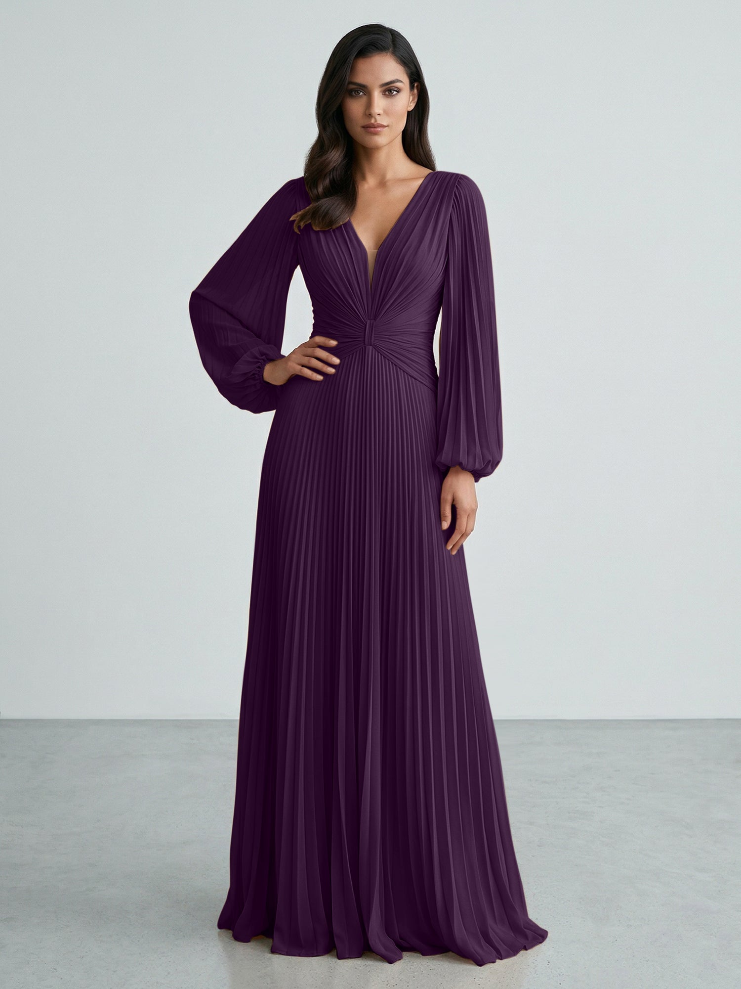 Slate Blue Plunging V-Neck Pleated Long Sleeve Maxi Dress Gown