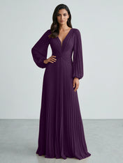 Slate Blue Plunging V-Neck Pleated Long Sleeve Maxi Dress Gown