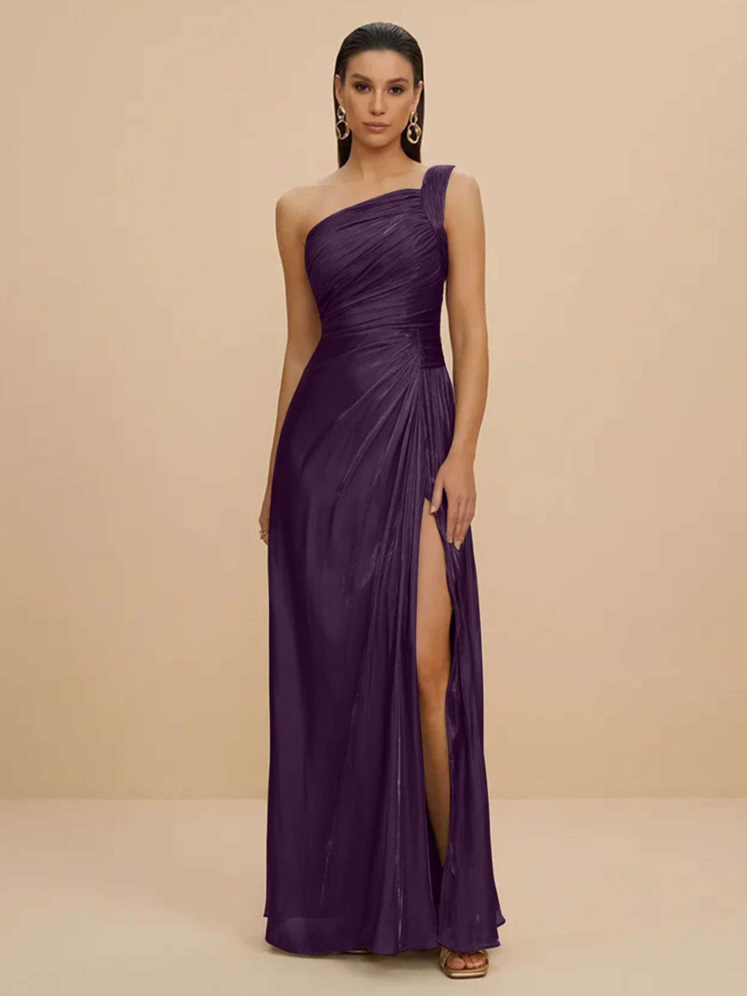 Forma Dress One Shoulder Metallic Pleated Evening Gown with High Slit