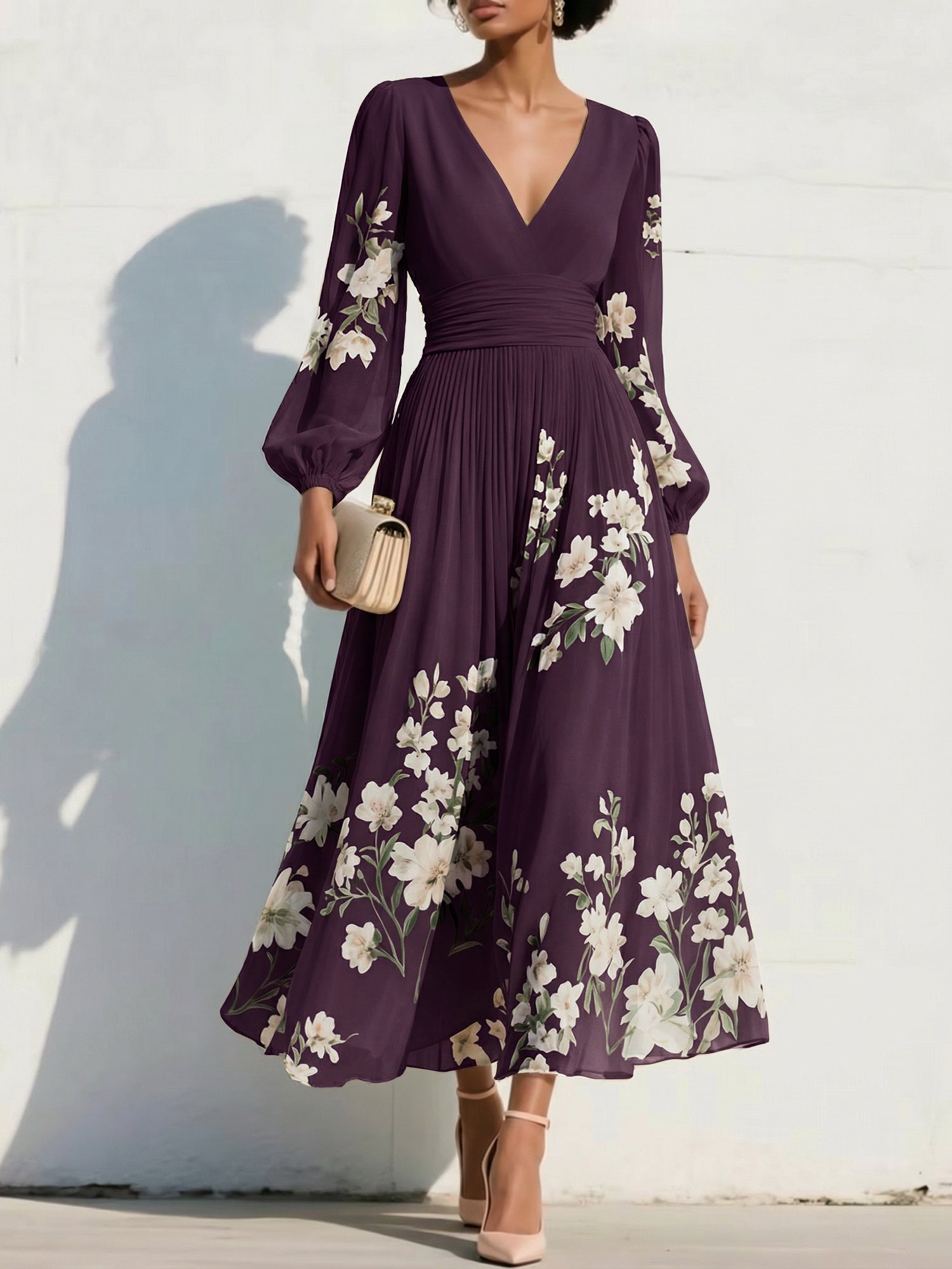Elegant Floral V-Neck Pleated Midi Dress with Long Sleeves