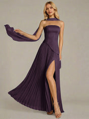 Navy A Line Satin Off The Shoulder Sleeveless Floor Length Dress