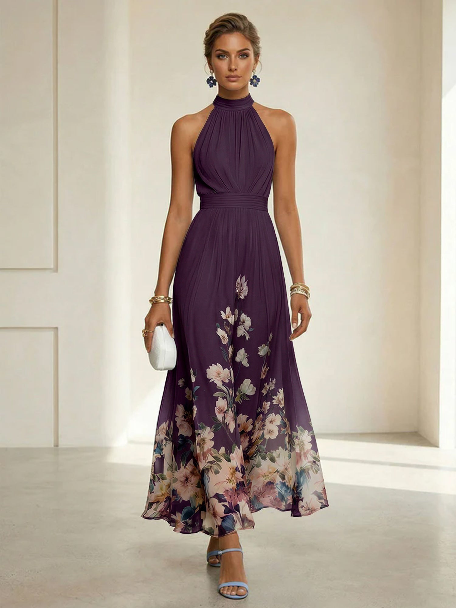 Light Blue Floral Chiffon Halter Sleeveless A-Line Maxi Dress Gown