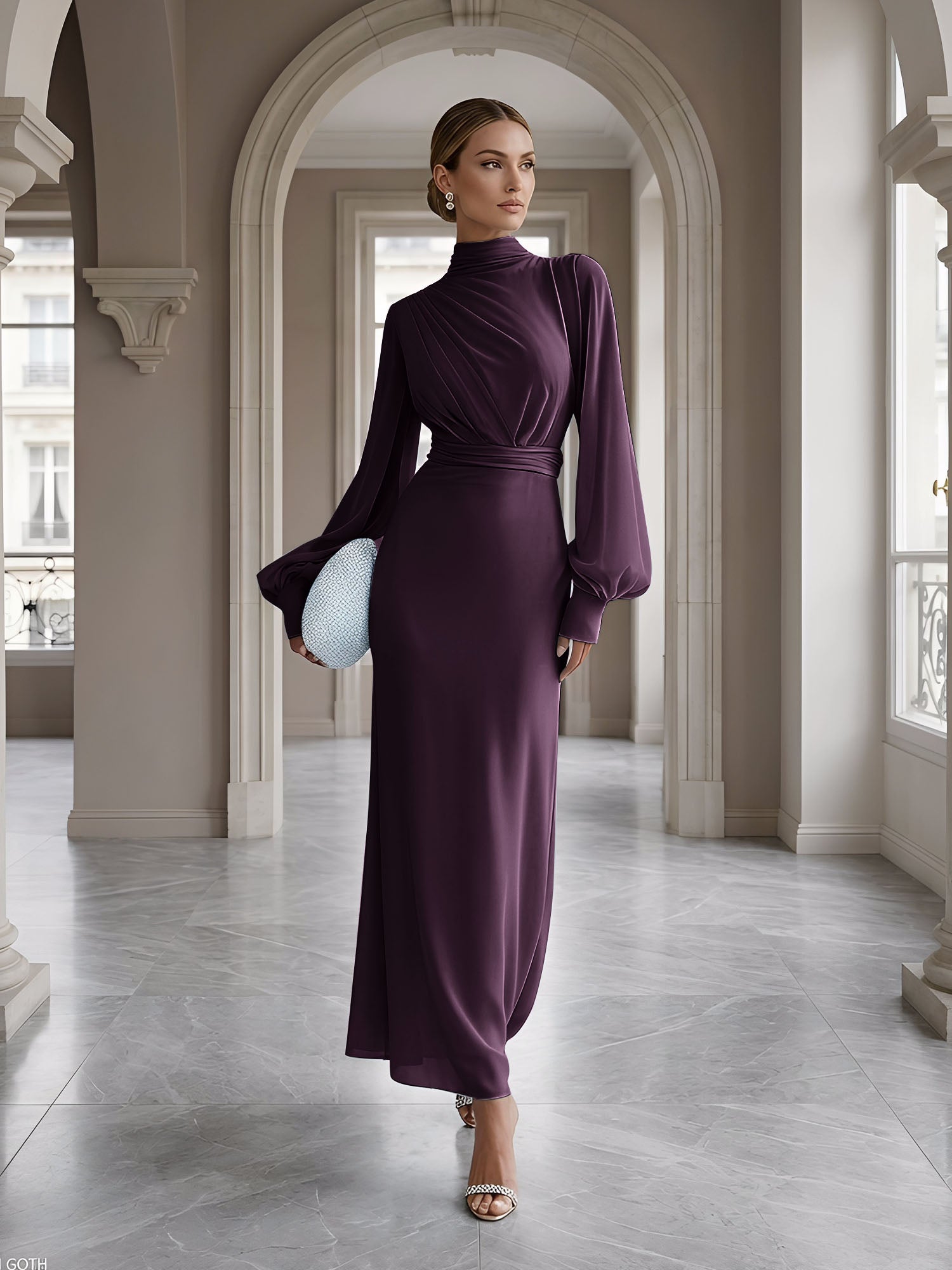 Ice Blue High-Neck Bishop Sleeve Gown Foraml Evening Dress