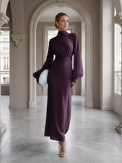 Ice Blue High-Neck Bishop Sleeve Gown Foraml Evening Dress