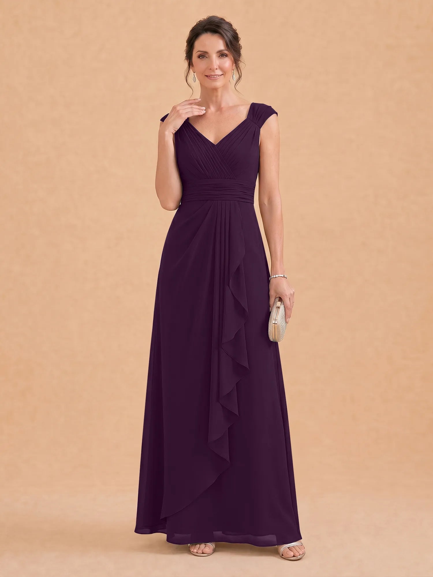 V-Neck Ruched Chiffon A-Line Mother of the Bride Dress with Cascading Ruffle