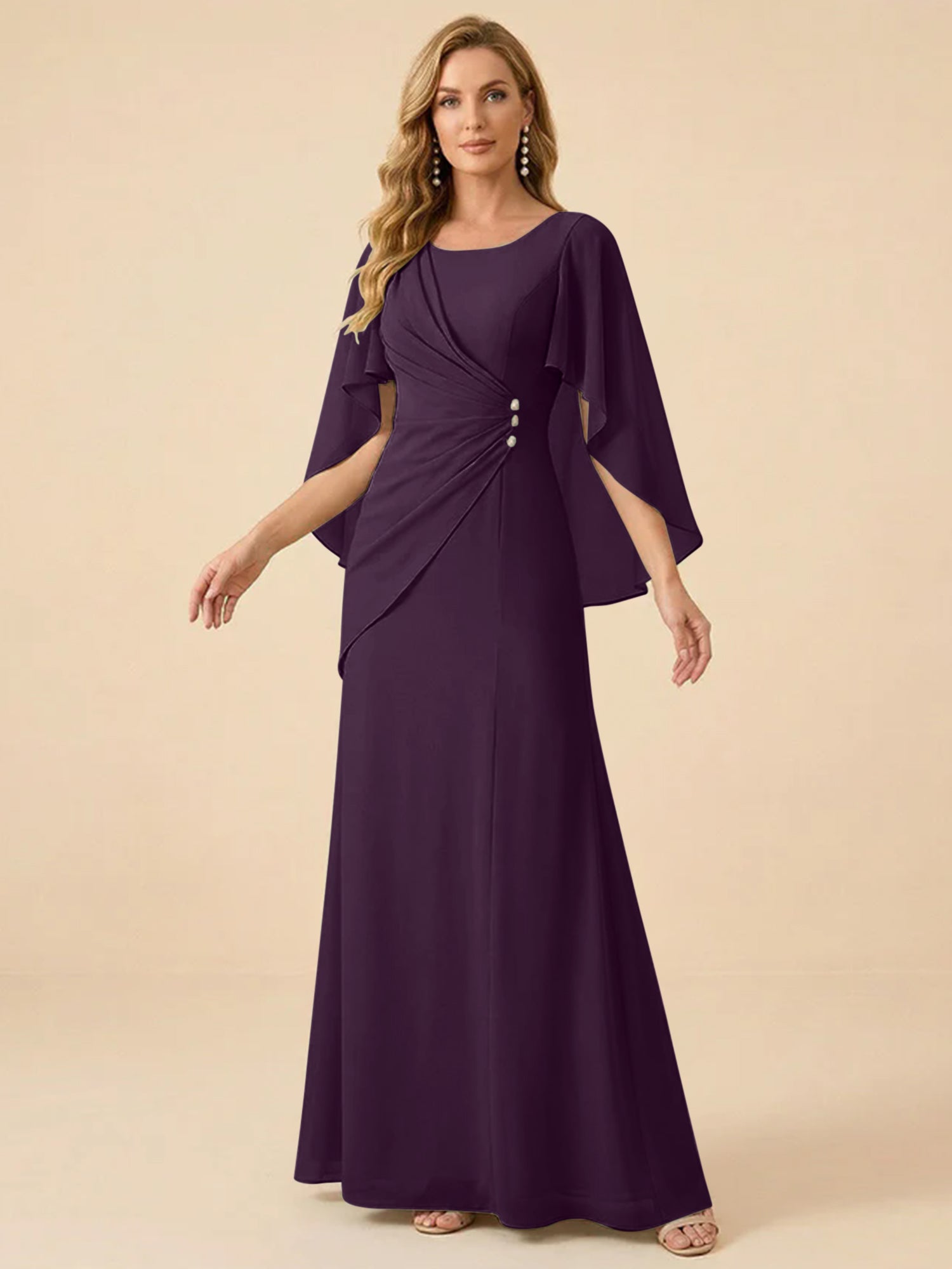 Sage Green Chiffon Beaded Mother of the Bride Dress with Cape Sleeves