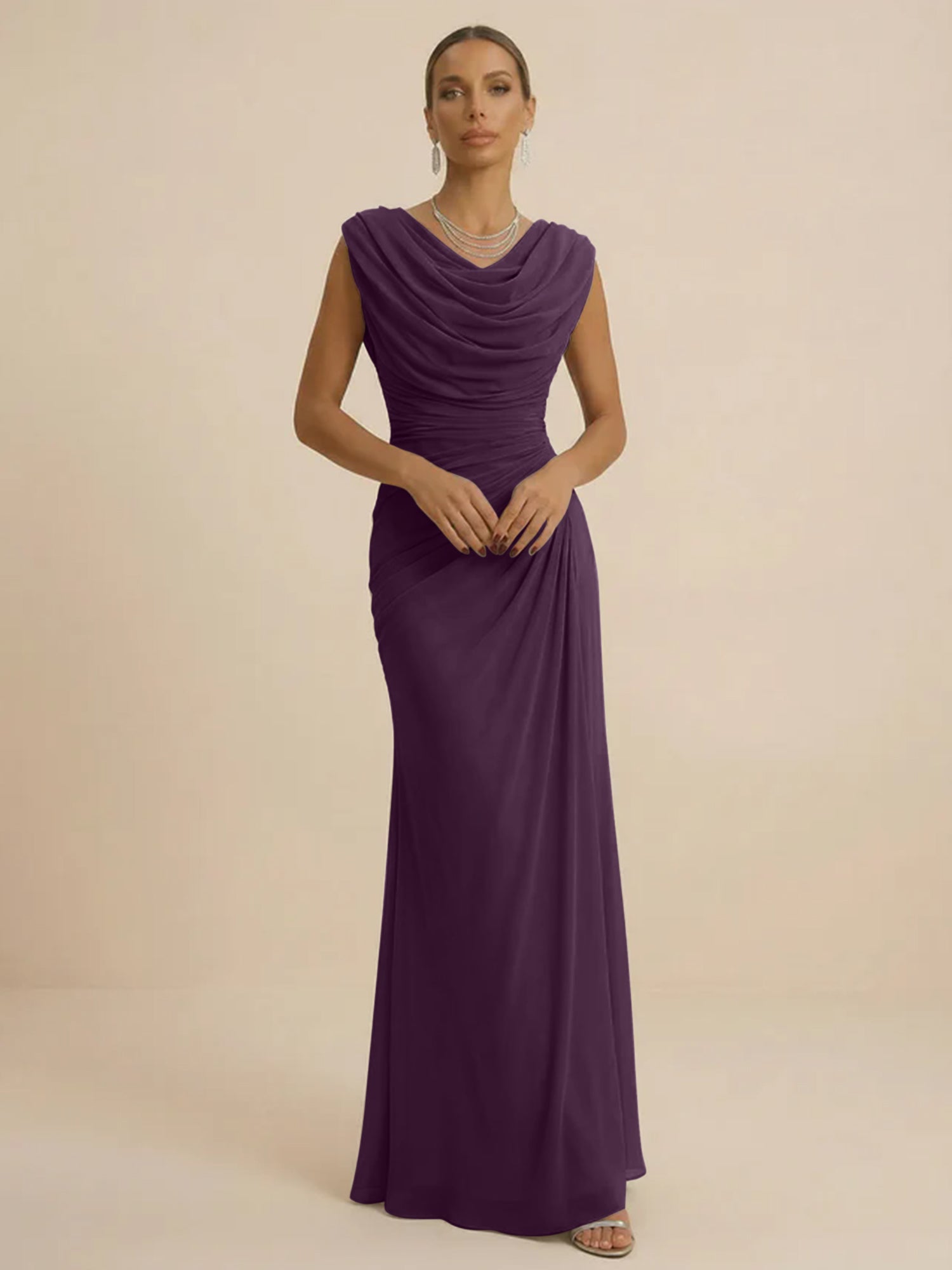 Dusty Grey Draped Cowl Neck Ruched Chiffon Evening Dresses