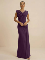 Dusty Grey Draped Cowl Neck Ruched Chiffon Evening Dresses