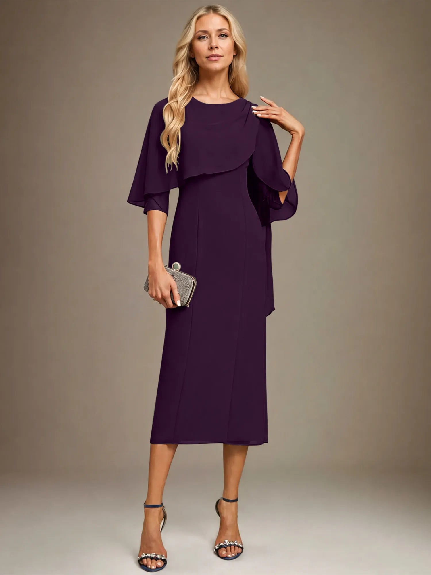 Column Scoop Tea Length Chiffon Dress With Pleated Beading