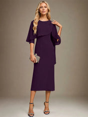 Sheath/Column Scoop Tea Length Chiffon Dress With Pleated Beading