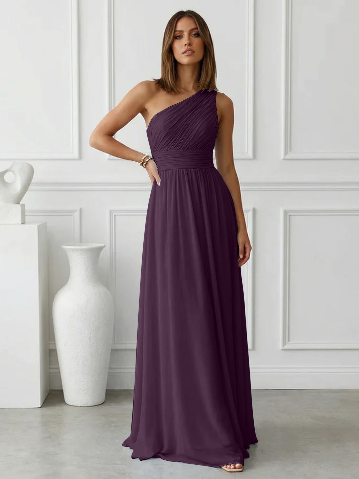 Timeless Light Blue One-Shoulder Maxi Dress Ruched Chiffon Gown