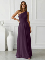 Timeless Light Blue One-Shoulder Maxi Dress Ruched Chiffon Gown