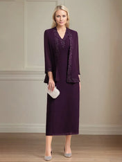 Sheath/Column Chiffon V Neck 3/4 Sleeves Tea Length Mother Of The Bride Dress