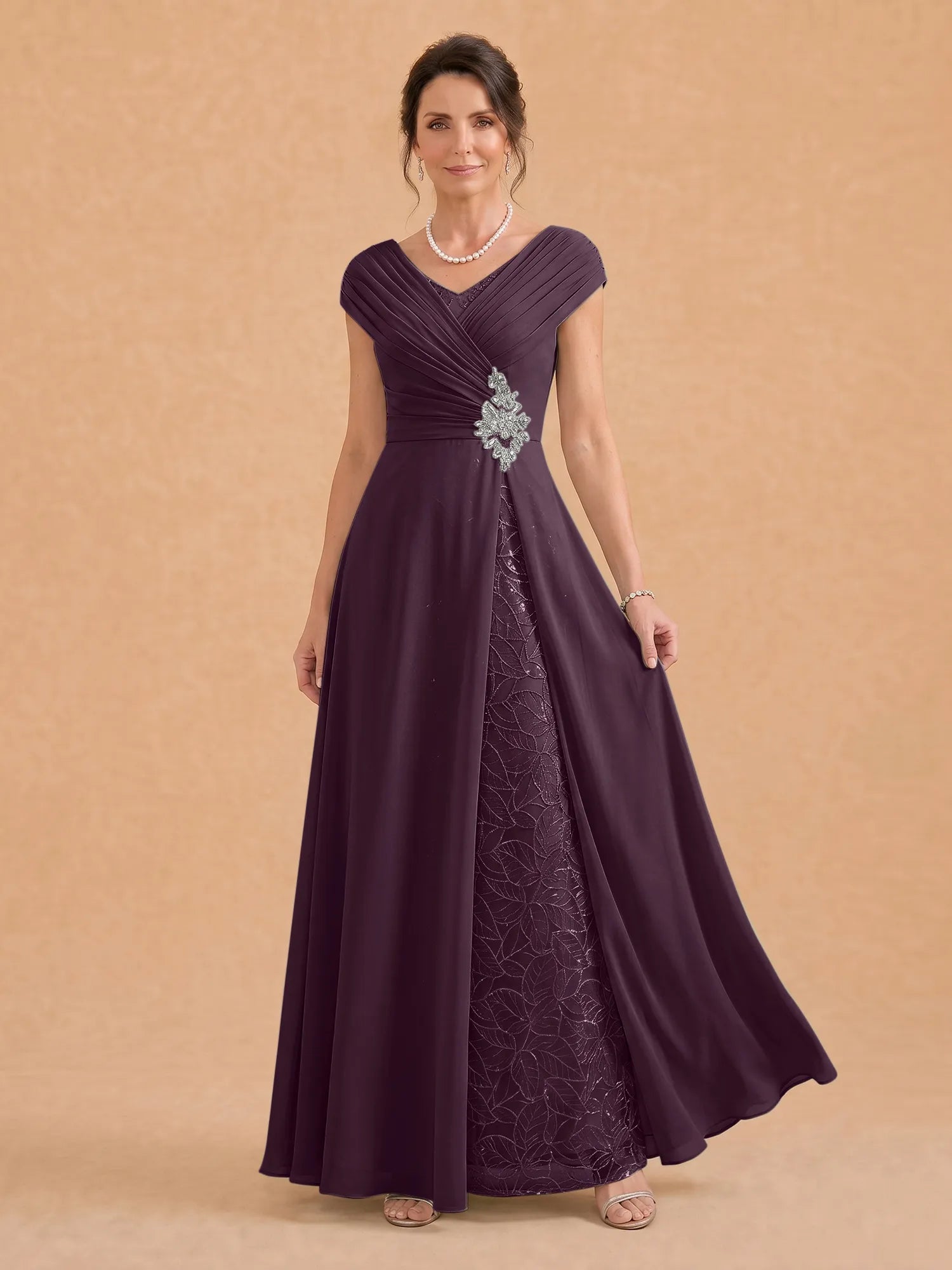 V-Neck Ruched Chiffon A-Line Mother of the Bride Dress with Crystal Brooch