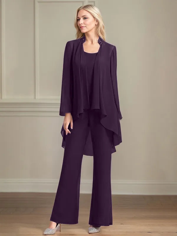Chiffon Scoop Neck Long Sleeves Floor Length Mother Of The Bride Pantsuits