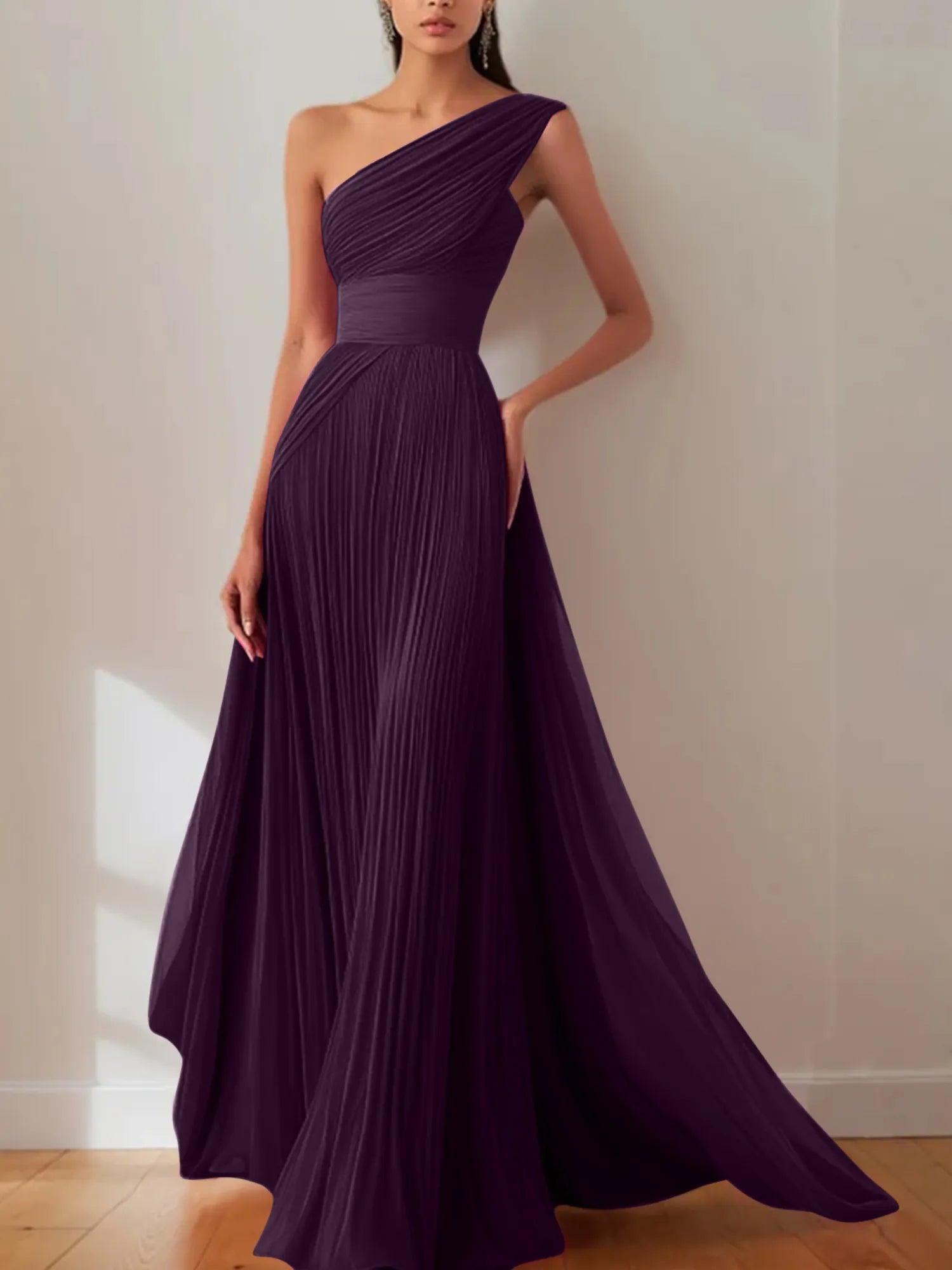 Prom Formal Pleated Dress Rose Color One-Shoulder Maxi Dress