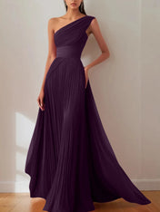 Prom Formal Pleated Dress Rose Color One-Shoulder Maxi Dress