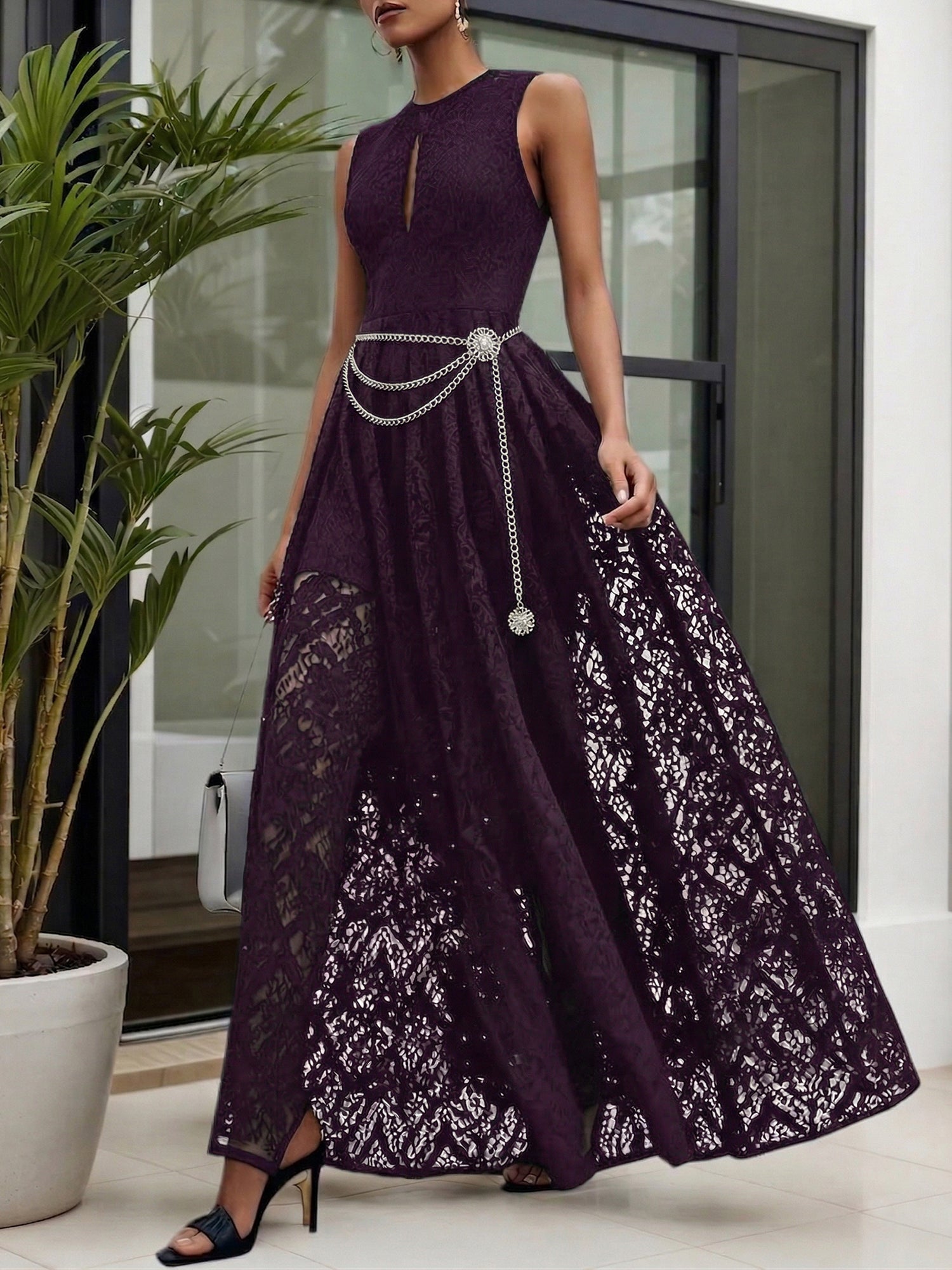 Midnight Black Lace Hollow Out Crew Neck Sleeveless A-Line Maxi Dress