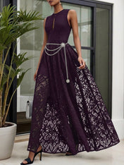 Midnight Black Lace Hollow Out Crew Neck Sleeveless A-Line Maxi Dress