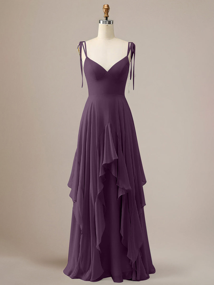 Elegant Dusty Blue A Line Spaghetti Straps Chiffon Long Bridesmaid Dress with Ruffles