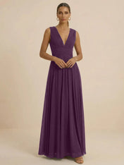 Teal Pleated V-Neck Chiffon Evening Gown with Ruched
