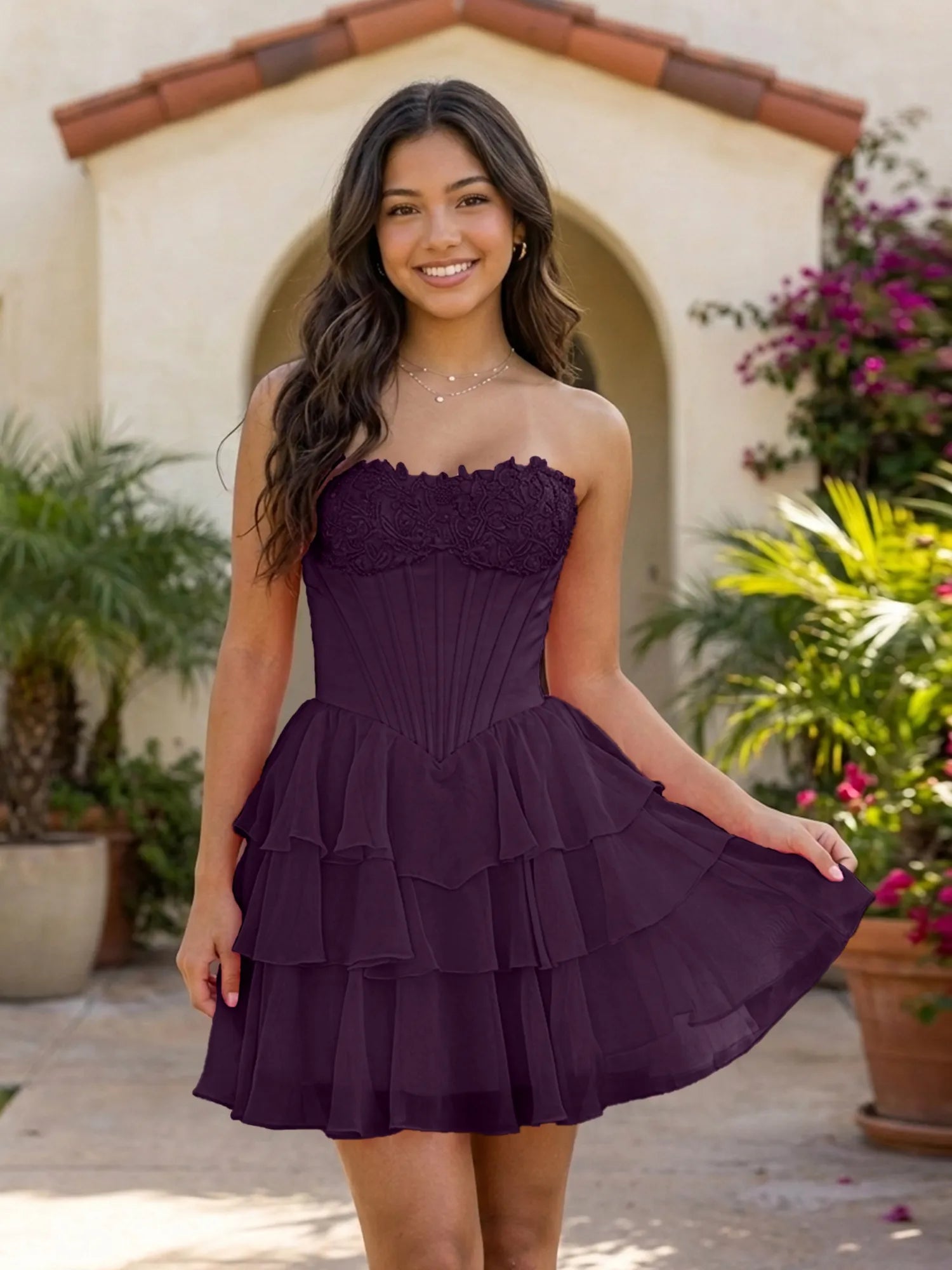 Pink Lace Strapless Corset Mini Dress Tiered Chiffon Skirt Lace Up Back Homecoming Dresses
