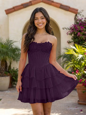 Pink Lace Strapless Corset Mini Dress Tiered Chiffon Skirt Lace Up Back Homecoming Dresses