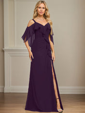 Sheath/Column Cold Shoulder V-Neck Floor-Length Chiffon Dress With Cascading Ruffles Sequins Beading