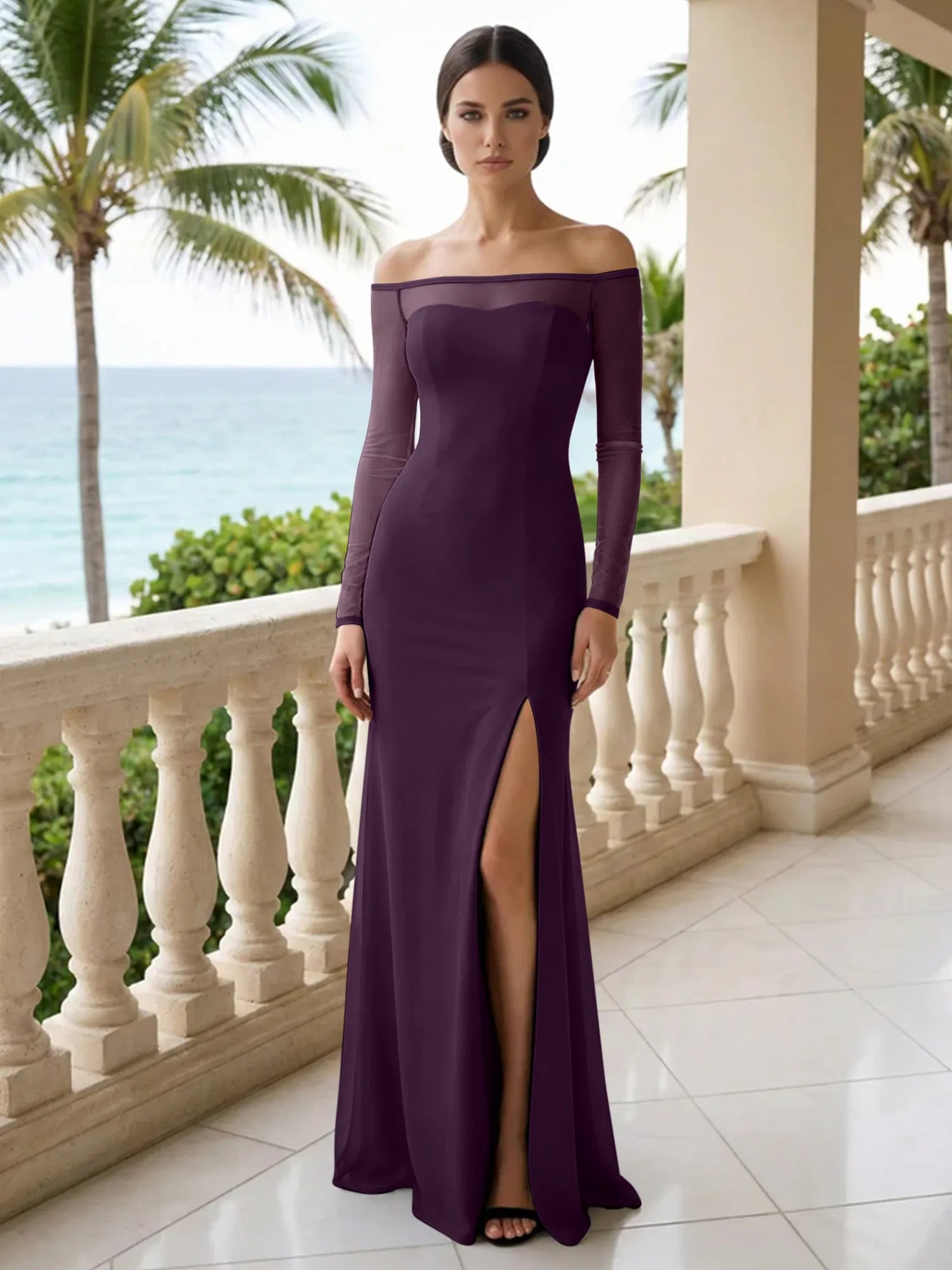 Formal Evening Dress Black Off the Shoulder Slit Maxi Dress